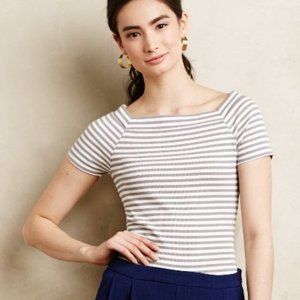 Anthropologie Ribbed Scoopneck Striped Knit Short Sleeve White Tan Top NWT